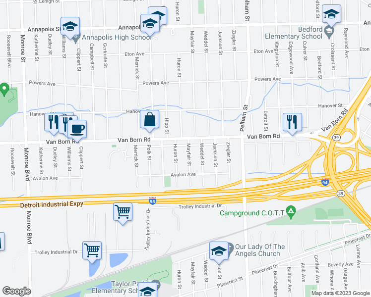 map of restaurants, bars, coffee shops, grocery stores, and more near 5840 Mayfair Street in Taylor