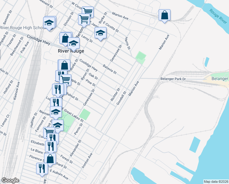 map of restaurants, bars, coffee shops, grocery stores, and more near 253 Richter Street in River Rouge