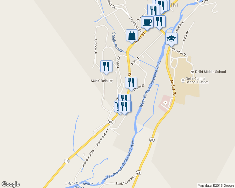 map of restaurants, bars, coffee shops, grocery stores, and more near Delhi Drive in Delhi