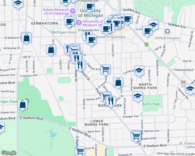map of restaurants, bars, coffee shops, grocery stores, and more near 1015 Vaughn Street in Ann Arbor