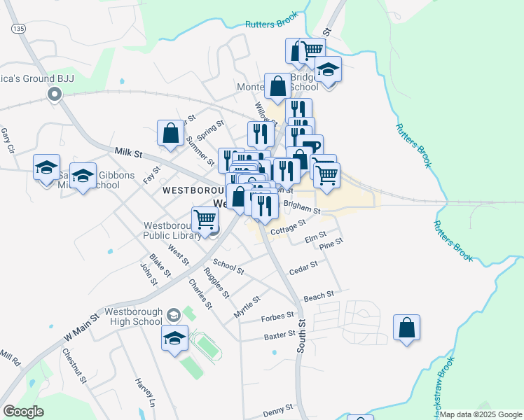 map of restaurants, bars, coffee shops, grocery stores, and more near 31 South Street in Westborough