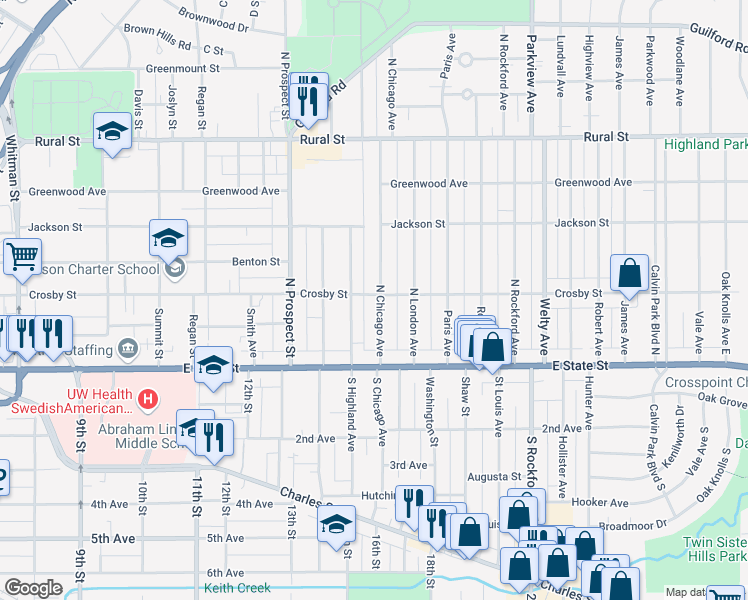map of restaurants, bars, coffee shops, grocery stores, and more near 234 North Chicago Avenue in Rockford