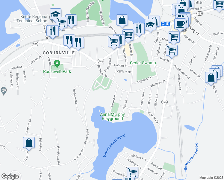 map of restaurants, bars, coffee shops, grocery stores, and more near 29 Cove Avenue in Framingham