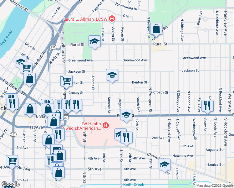 map of restaurants, bars, coffee shops, grocery stores, and more near 1421 Crosby Street in Rockford