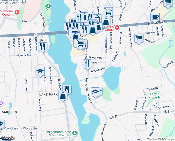 map of restaurants, bars, coffee shops, grocery stores, and more near 74 South Quinsigamond Avenue in Shrewsbury