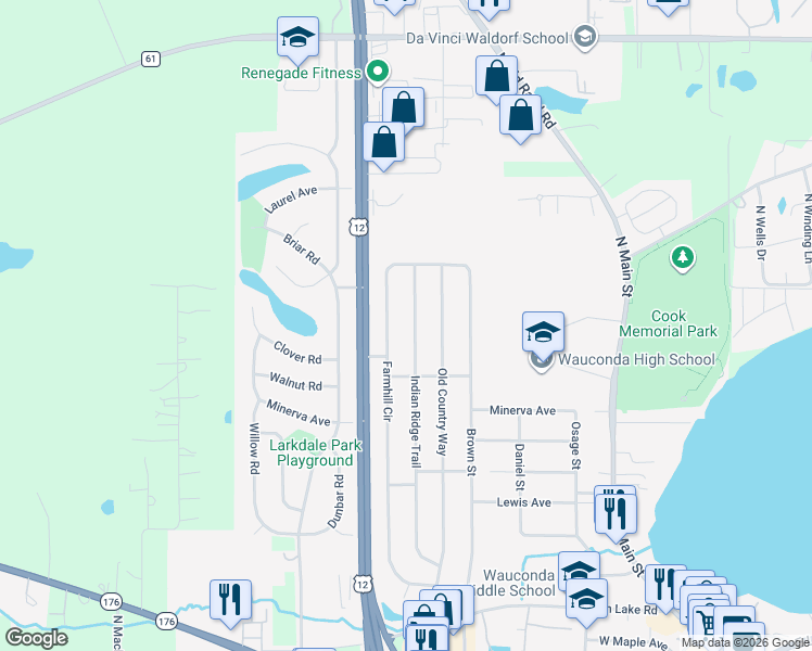 map of restaurants, bars, coffee shops, grocery stores, and more near 508 Farmhill Circle in Wauconda