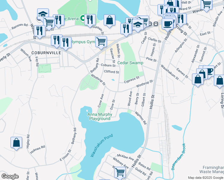 map of restaurants, bars, coffee shops, grocery stores, and more near 135 Winthrop Street in Framingham