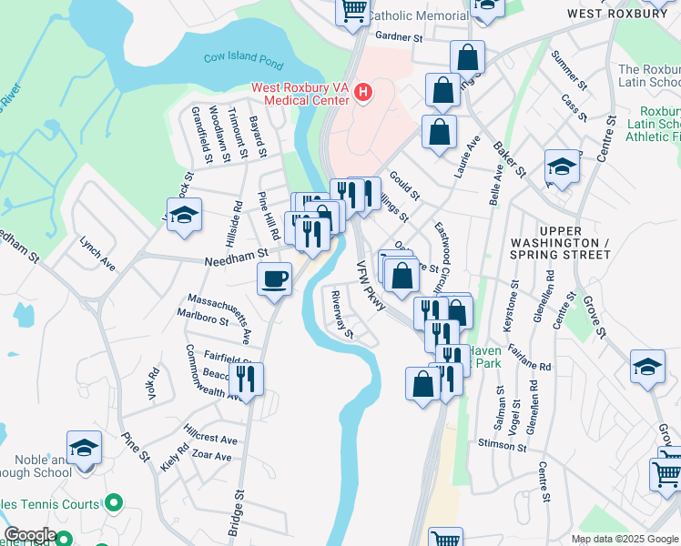 map of restaurants, bars, coffee shops, grocery stores, and more near 76 Riverway Street in Boston