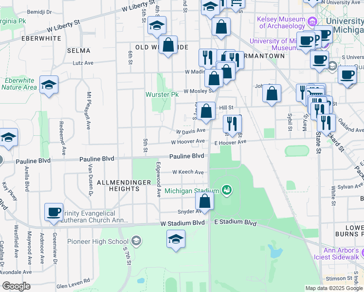 map of restaurants, bars, coffee shops, grocery stores, and more near 403 Pauline Boulevard in Ann Arbor