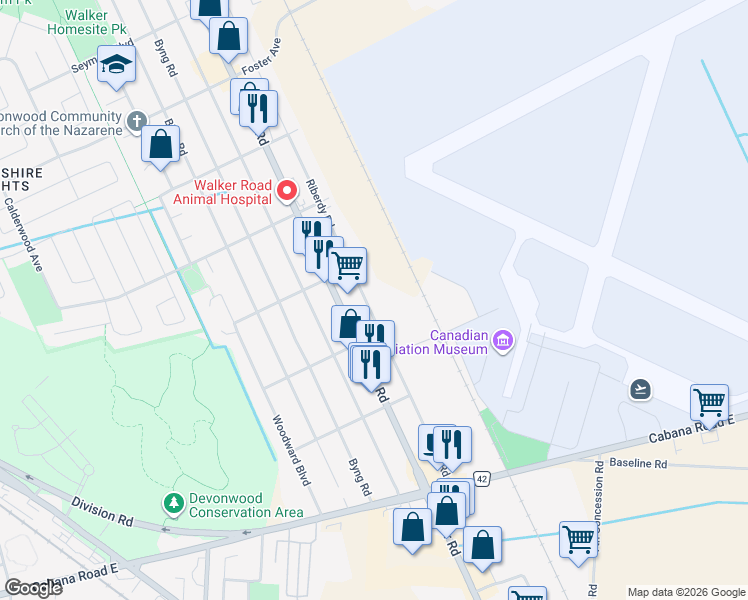 map of restaurants, bars, coffee shops, grocery stores, and more near 3790 Riberdy Road in Windsor