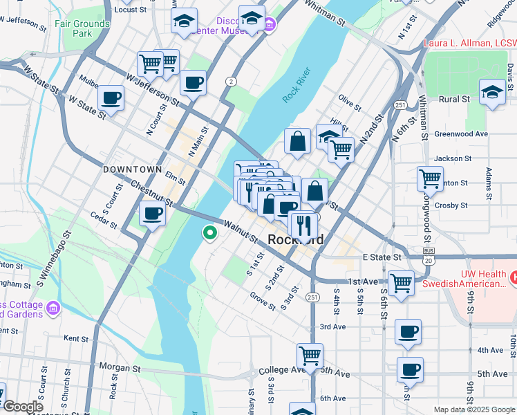 map of restaurants, bars, coffee shops, grocery stores, and more near 313 East State Street in Rockford