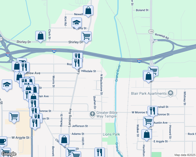 map of restaurants, bars, coffee shops, grocery stores, and more near 352 Moorman Drive in Jackson