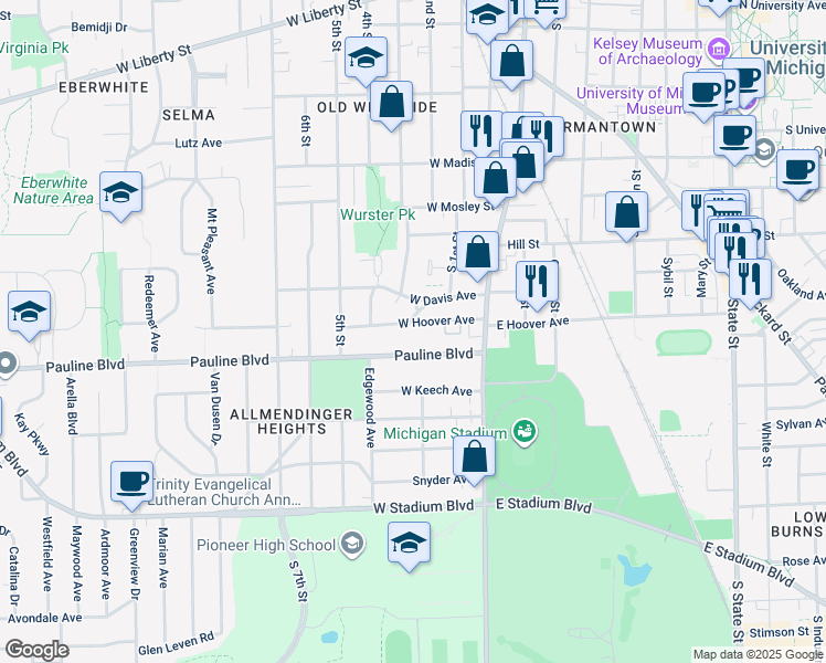map of restaurants, bars, coffee shops, grocery stores, and more near 413 West Hoover Avenue in Ann Arbor