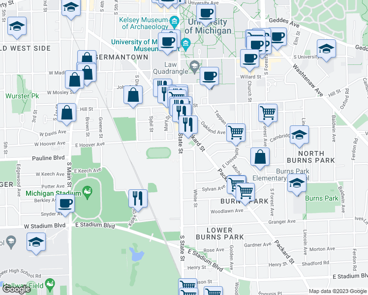 map of restaurants, bars, coffee shops, grocery stores, and more near 1015 South State Street in Ann Arbor
