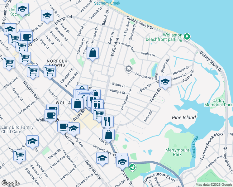 map of restaurants, bars, coffee shops, grocery stores, and more near 133 Marlboro Street in Quincy