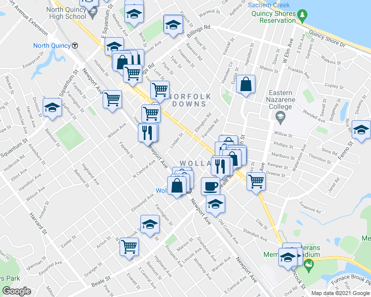 map of restaurants, bars, coffee shops, grocery stores, and more near 40 Berlin Street in Quincy