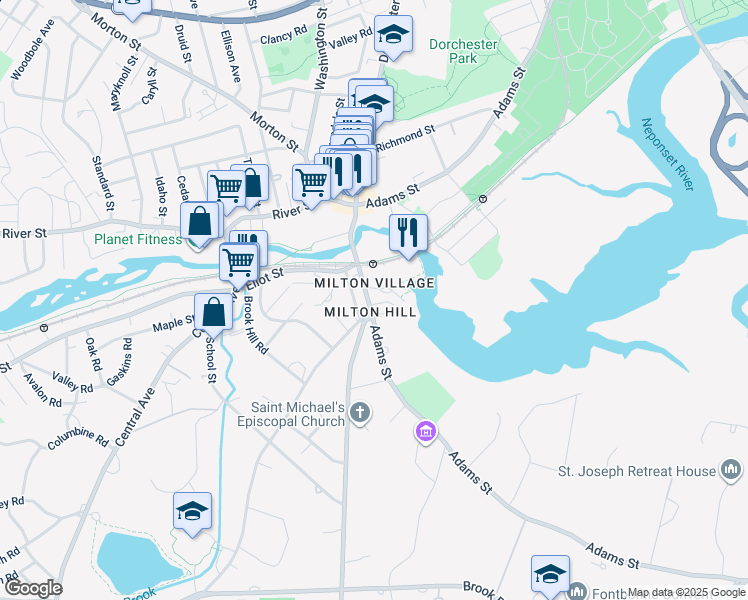 map of restaurants, bars, coffee shops, grocery stores, and more near in Milton
