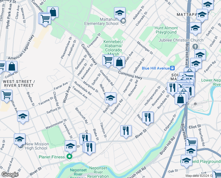 map of restaurants, bars, coffee shops, grocery stores, and more near 19 Radcliffe Road in Boston