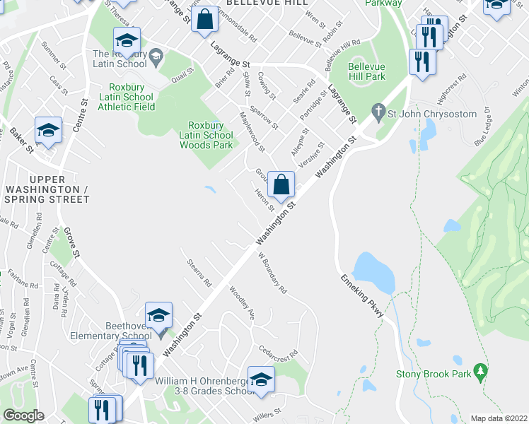 map of restaurants, bars, coffee shops, grocery stores, and more near 4935 Washington Street in Boston