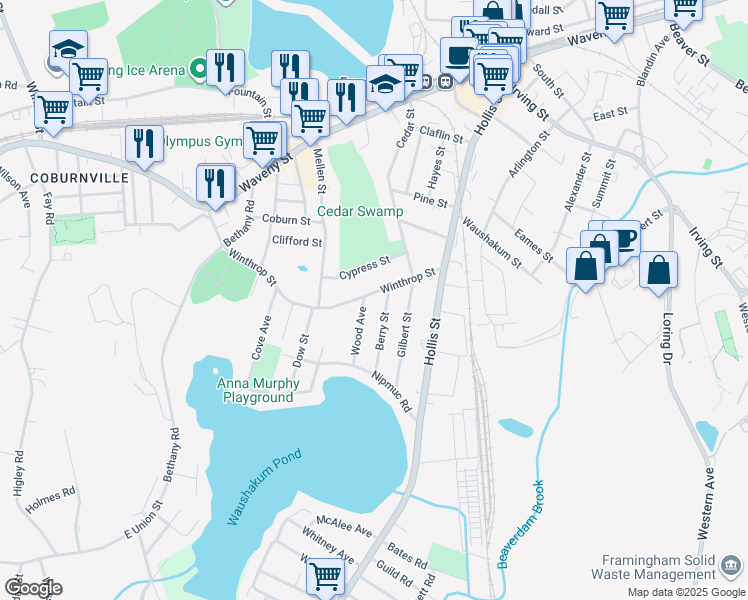 map of restaurants, bars, coffee shops, grocery stores, and more near 24 Wood Avenue in Framingham