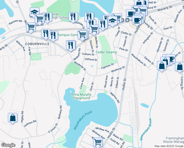 map of restaurants, bars, coffee shops, grocery stores, and more near 9 Dow Street in Framingham