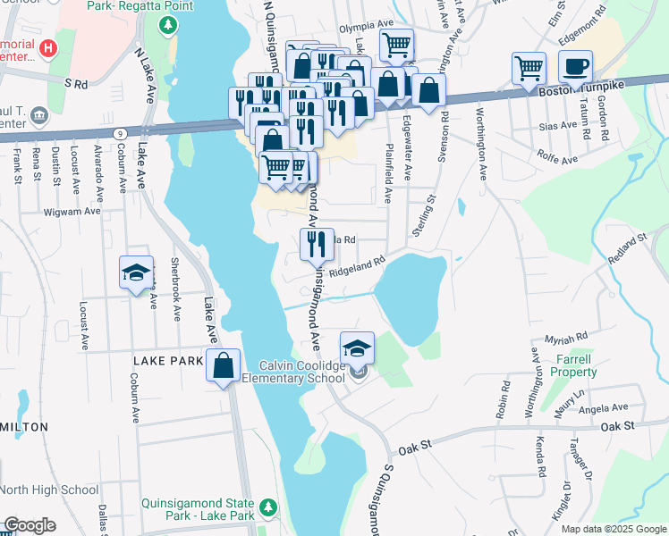 map of restaurants, bars, coffee shops, grocery stores, and more near 15 Roberts Street in Shrewsbury