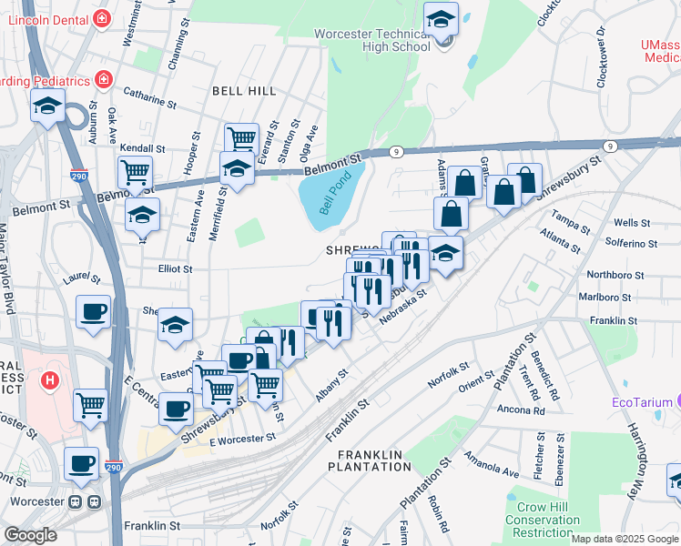 map of restaurants, bars, coffee shops, grocery stores, and more near 9 Wilson Street in Worcester