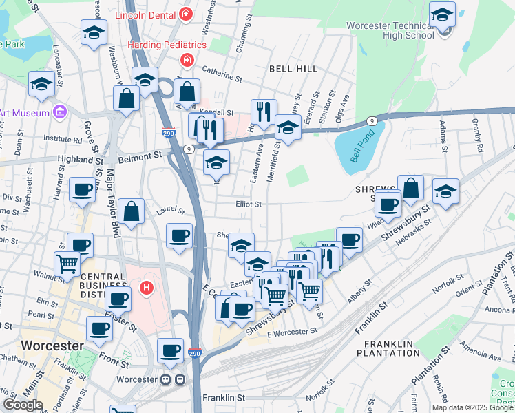 map of restaurants, bars, coffee shops, grocery stores, and more near 67 Eastern Avenue in Worcester