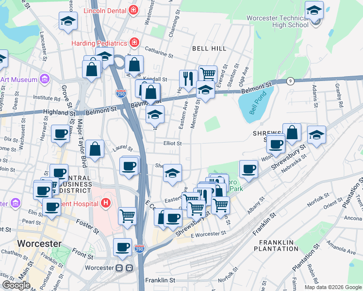 map of restaurants, bars, coffee shops, grocery stores, and more near 67 Eastern Avenue in Worcester