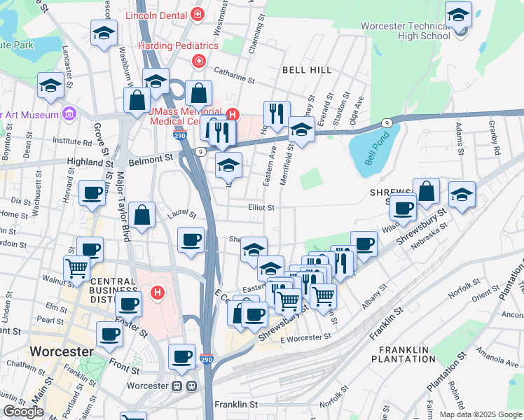 map of restaurants, bars, coffee shops, grocery stores, and more near 67 Eastern Avenue in Worcester