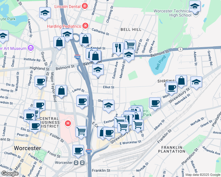 map of restaurants, bars, coffee shops, grocery stores, and more near 67 Eastern Avenue in Worcester
