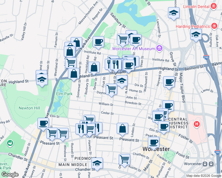 map of restaurants, bars, coffee shops, grocery stores, and more near 2 Dayton Place in Worcester