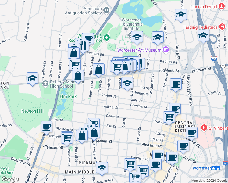 map of restaurants, bars, coffee shops, grocery stores, and more near 2 Dayton Place in Worcester