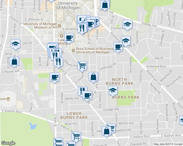 map of restaurants, bars, coffee shops, grocery stores, and more near 1127 Prospect Street in Ann Arbor