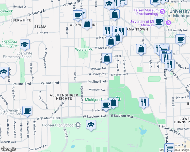map of restaurants, bars, coffee shops, grocery stores, and more near 403 Pauline Boulevard in Ann Arbor