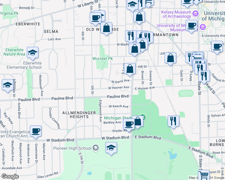map of restaurants, bars, coffee shops, grocery stores, and more near 403 Pauline Boulevard in Ann Arbor