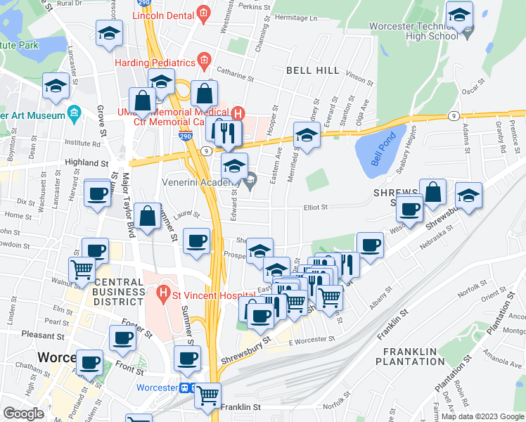 map of restaurants, bars, coffee shops, grocery stores, and more near 52 Elliot Street in Worcester