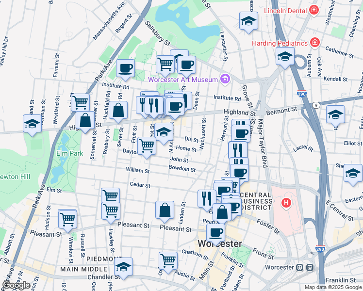 map of restaurants, bars, coffee shops, grocery stores, and more near 16 Home Street in Worcester