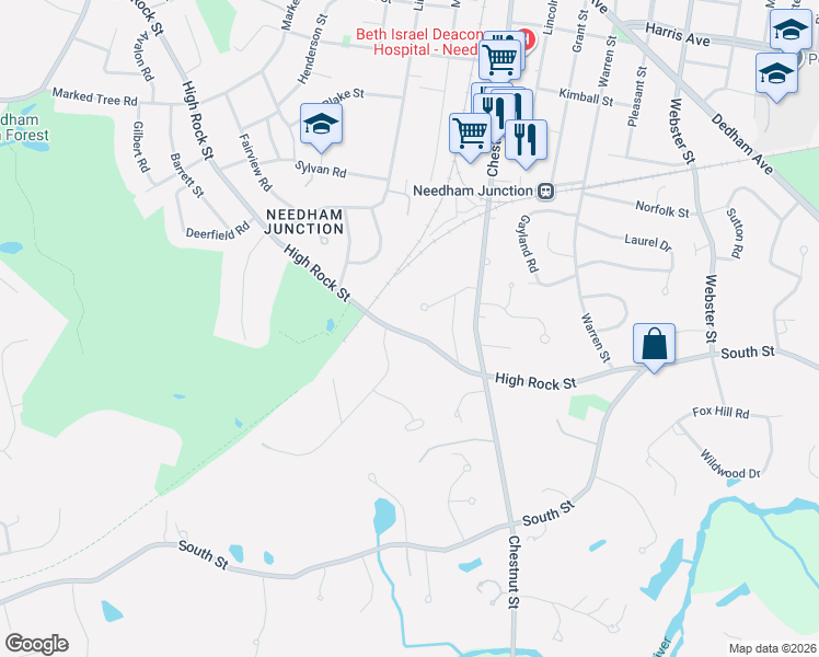 map of restaurants, bars, coffee shops, grocery stores, and more near 202 High Rock Street in Needham