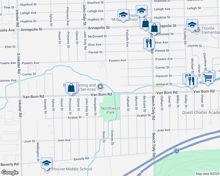 map of restaurants, bars, coffee shops, grocery stores, and more near 26300 Van Born Road in Dearborn Heights