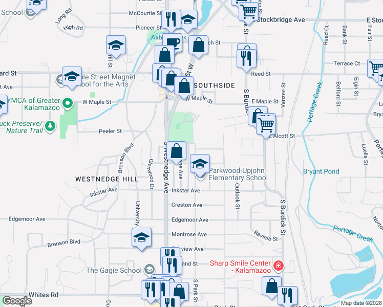 map of restaurants, bars, coffee shops, grocery stores, and more near 324 Parkwood Avenue in Kalamazoo
