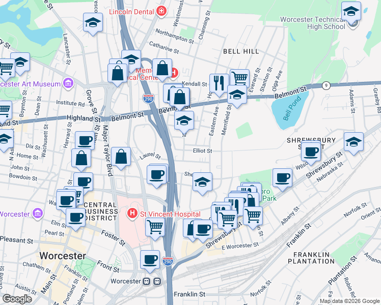 map of restaurants, bars, coffee shops, grocery stores, and more near 30 Elliot Street in Worcester