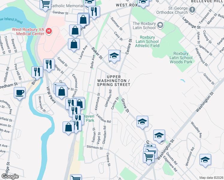 map of restaurants, bars, coffee shops, grocery stores, and more near 70 Glenellen Road in Boston