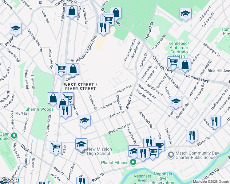 map of restaurants, bars, coffee shops, grocery stores, and more near 51 Tacoma Street in Boston