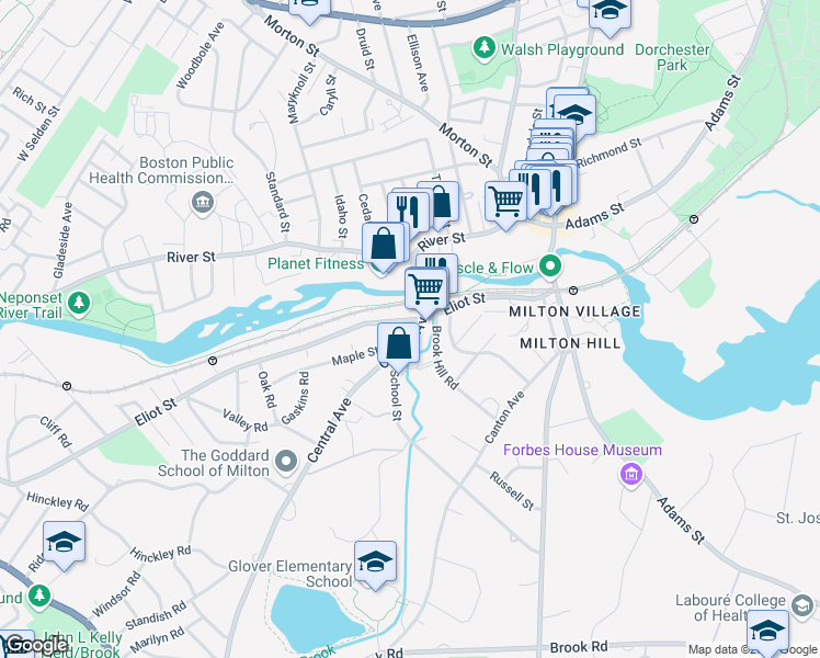 map of restaurants, bars, coffee shops, grocery stores, and more near 7 Brookside Park in Milton