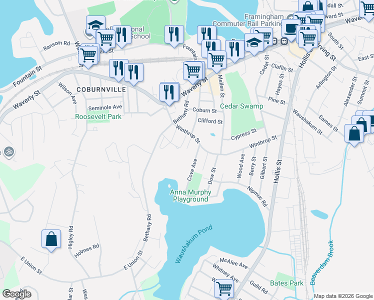 map of restaurants, bars, coffee shops, grocery stores, and more near 172 Winthrop Street in Framingham