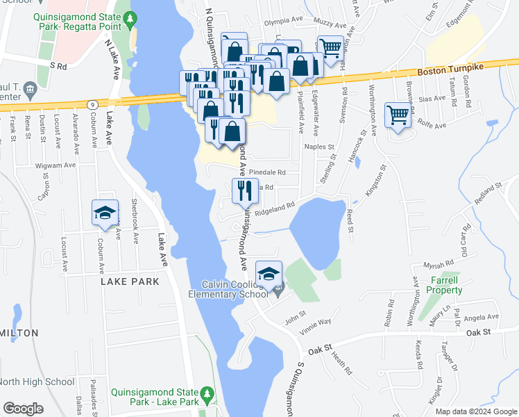 map of restaurants, bars, coffee shops, grocery stores, and more near 7 Ridgeland Road in Shrewsbury