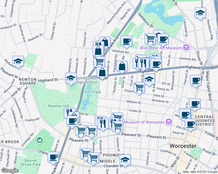 map of restaurants, bars, coffee shops, grocery stores, and more near 35 Somerset Street in Worcester