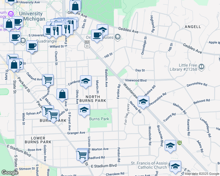 map of restaurants, bars, coffee shops, grocery stores, and more near 1039 Baldwin Avenue in Ann Arbor
