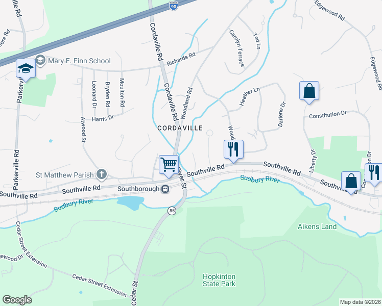 map of restaurants, bars, coffee shops, grocery stores, and more near 6 Blendon Woods Drive in Southborough